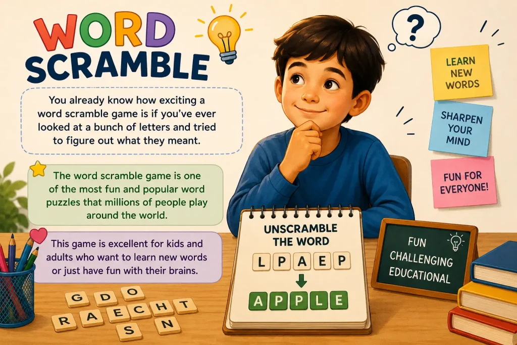 Word Scramble Game for kids and adults with colorful puzzle letters